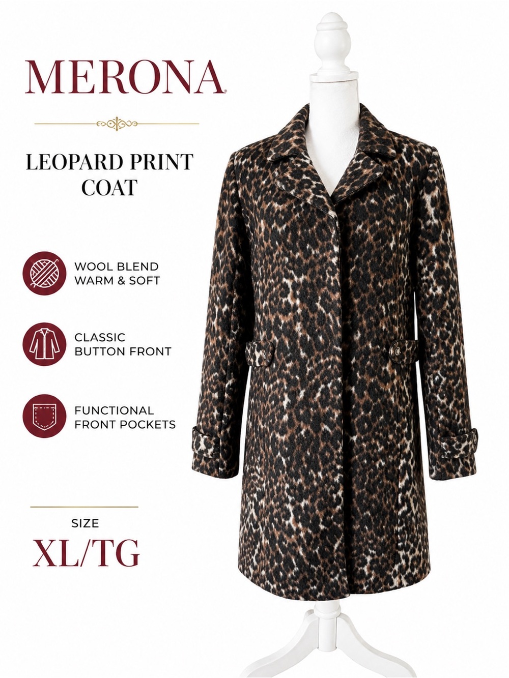 Merona Leopard Print Coat Faux Fur Collar Wool Blend Long Coat XL - Picture 8 of 8